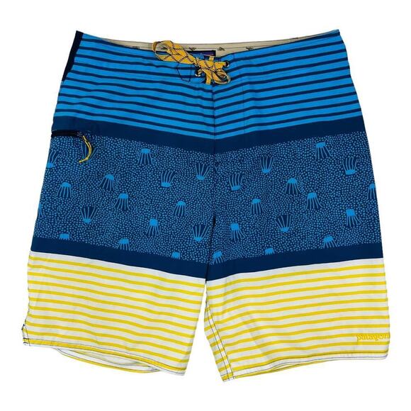 Patagonia Blue & Yellow Jelly Fish Print Men's Stretch Planing Boardshorts Sz 32 - Picture 1 of 6